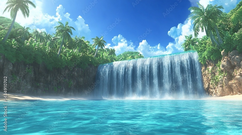 Lush tropical waterfall cascading into a tranquil turquoise pool, surrounded by dense palm trees and lush greenery. A pristine beach gently slopes into the water. Sunlight illuminates the scene