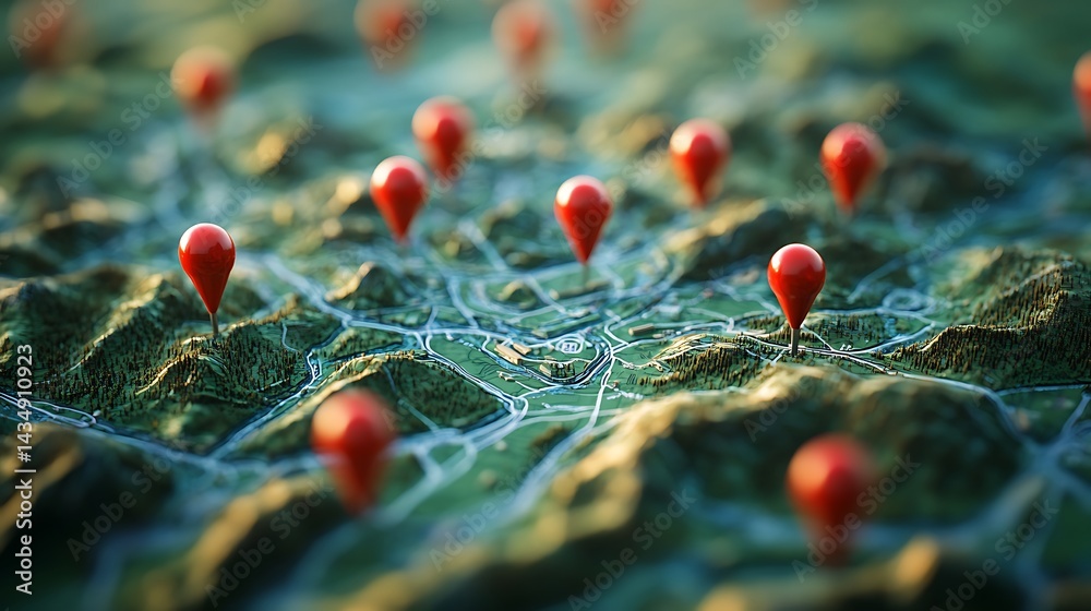 3D map with red pins on it, location pin markers for travel and holiday planning concepts, location marks of popular tourist places or business interpretations. 3D map with red pins on it, location pin markers for travel and holiday planning concepts, location marks of popular tourist places or business interpretations.