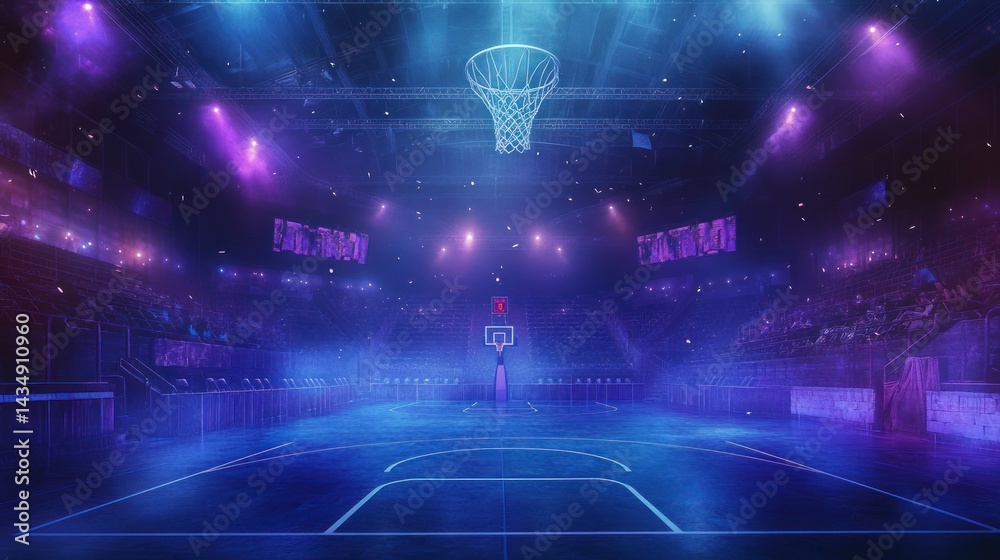 Fototapeta premium Dramatic empty basketball arena with vibrant stage lighting.