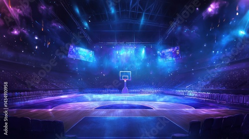 Illuminated basketball arena with vibrant lighting and empty seats.