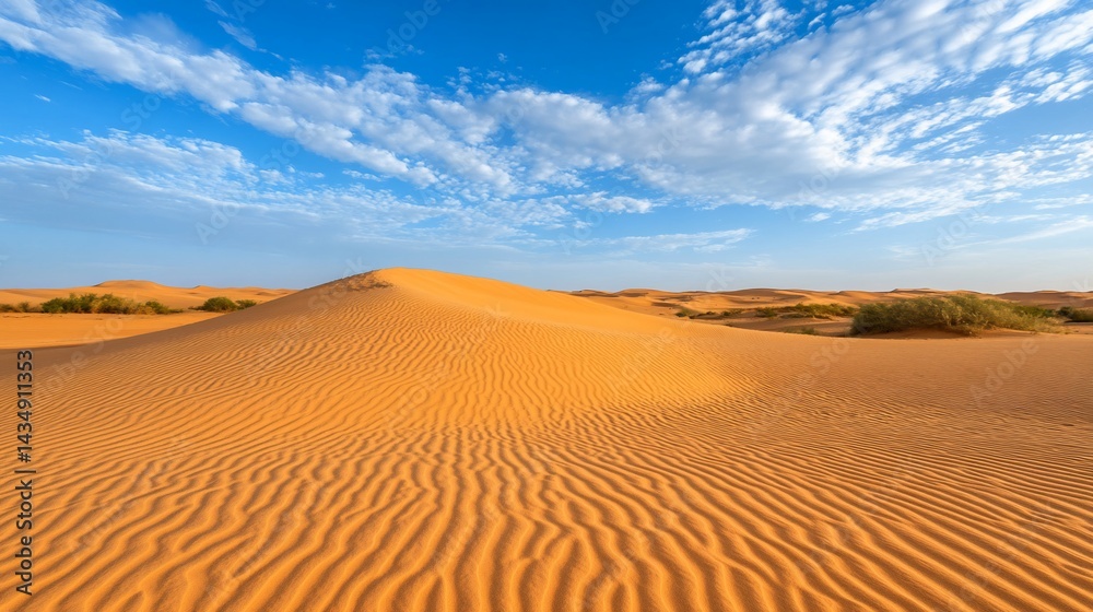 Vast desert landscape under a vibrant blue sky. Dunes stretch across the horizon