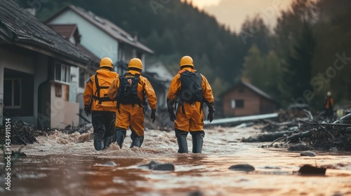 Disaster response team walking through floodwaters after a natural disaster