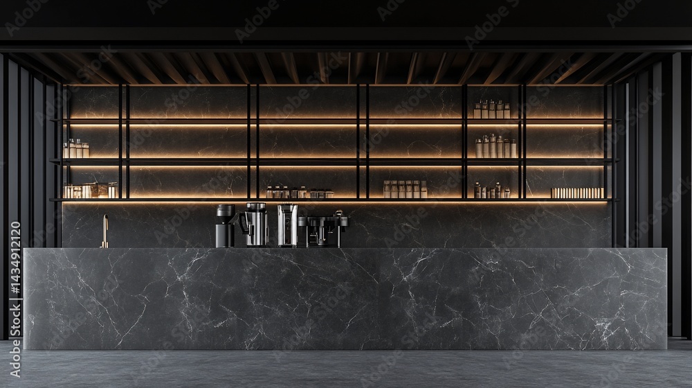 Modern, minimalist bar with dark gray marble countertop and black metal shelving. Illuminated by warm, ambient lighting