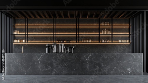 Obraz na płótnie Modern, minimalist bar with dark gray marble countertop and black metal shelving. Illuminated by warm, ambient lighting w salonie