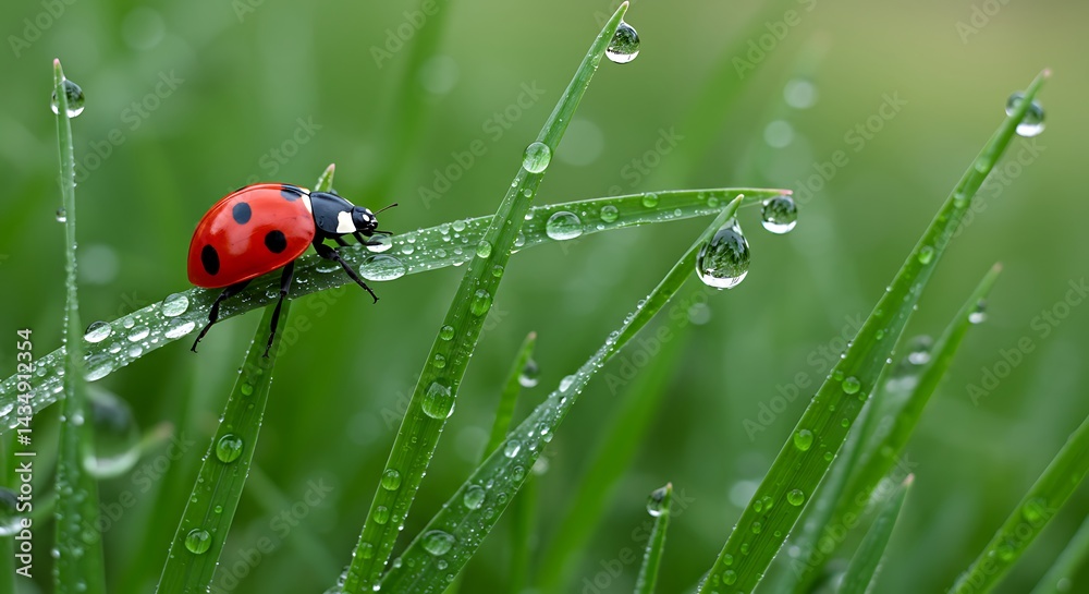 Obraz premium Dew-Kissed Ladybug: A Tiny Jewel of Nature AI Generated