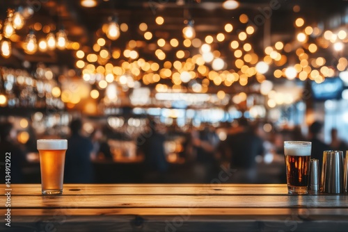 Pub bar scene with drinks on wooden counter