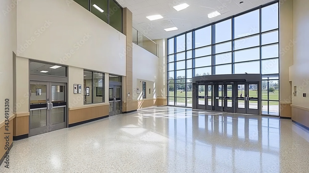 Spacious, bright school foyer with large windows