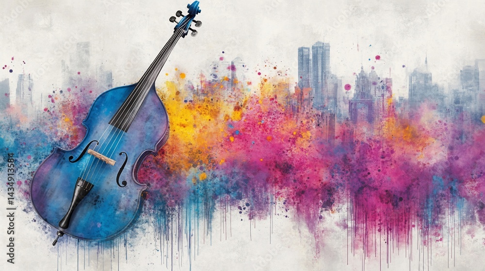 Vibrant city backdrop, with a vibrant blue double bass