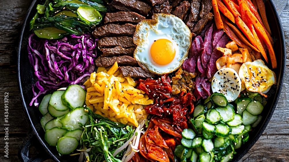 Vibrant colorful platter of a bibimbap dish