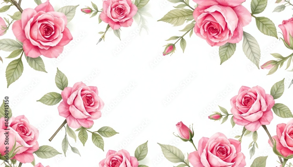 Naklejka premium Delicate watercolor roses & leaves, repeating pattern, illustration, romantic, spring