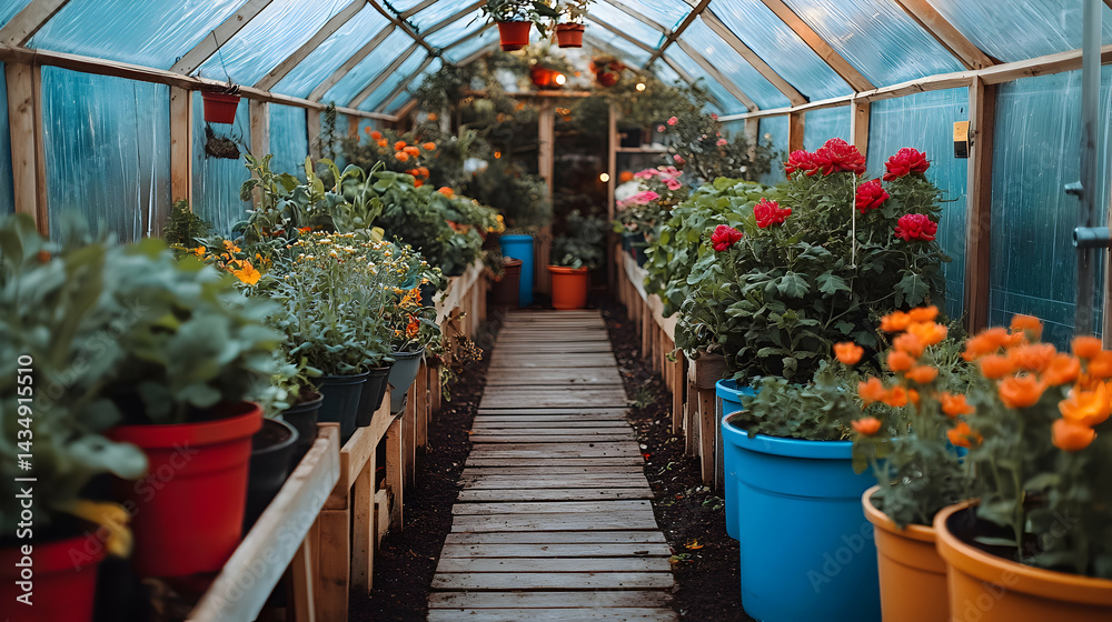 Fototapeta premium Greenhouse interior showcasing vibrant potted plants, wooden walkway, and a tranquil atmosphere. Ideal for gardening, botany, and home improvement projects.