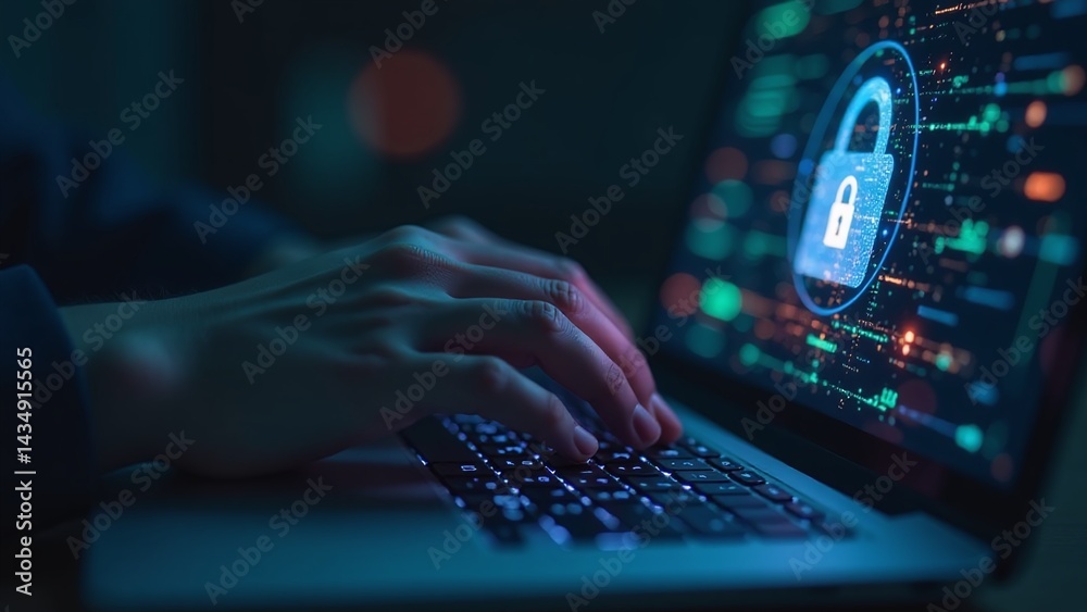 Hands typing secure password on keyboard, login screen with encryption lock, cybersecurity awareness concept, digital privacy protection Hands typing secure password on keyboard, login screen with encryption lock, cybersecurity awareness concept, digital privacy protection