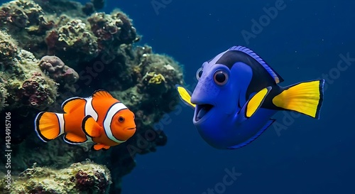 close up of a nemo and dori fish in the sea with coral reef