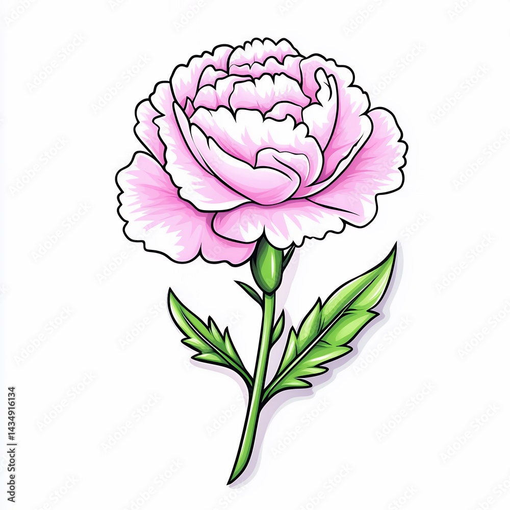 Pastel Pink Carnation Flower Vector Art with Green Leaves on White Background Pastel Pink Carnation Flower Vector Art with Green Leaves on White Background