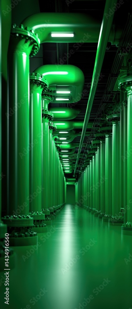 Fototapeta premium A visually striking corridor featuring green pipes and columns, illuminated by artificial light, creating an industrial and futuristic atmosphere.