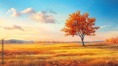 Obraz na płótnie Solitary autumn tree in a golden field at sunset w salonie