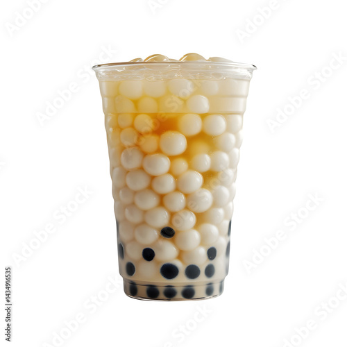 Realistic bubble tea drink with visible tapioca pearls and light reflections on the transparent cup,glass,drink,