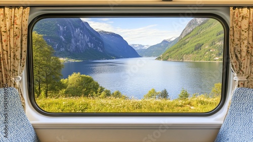 Obraz na płótnie Scenic lake & mountain view seen through train window w salonie