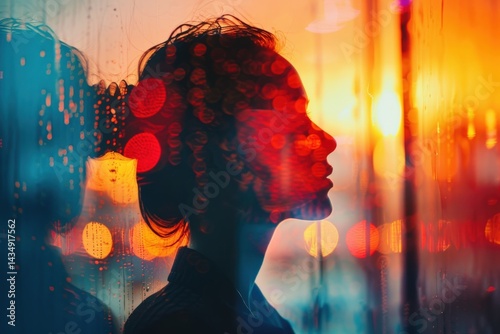 A silhouette of a woman against a vibrant sunset, with colorful bokeh and raindrops creating a dreamy atmosphere.
