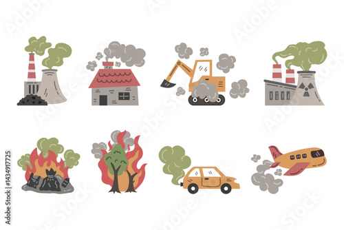 Pollution from factories, houses, vehicles, aircraft, wildfires, and waste burning. Air pollution, carbon emissions, climate change causes. Vector illustration.