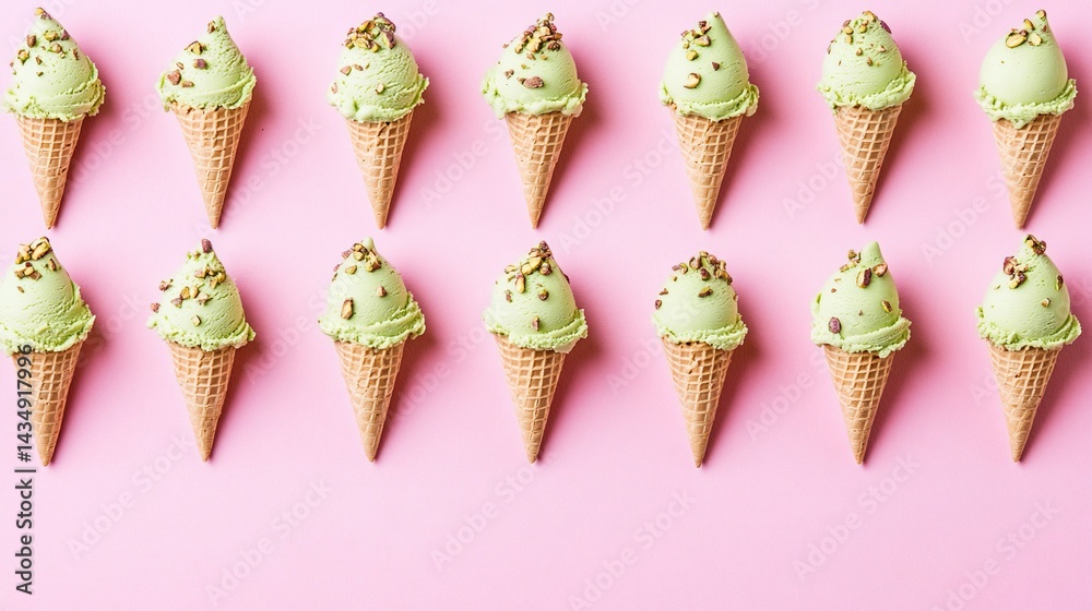 Rows of pistachio ice cream cones on pink
