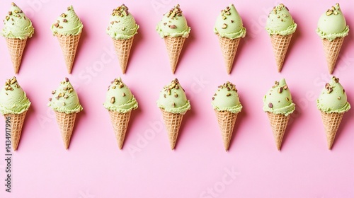 Obraz na płótnie Rows of pistachio ice cream cones on pink w salonie