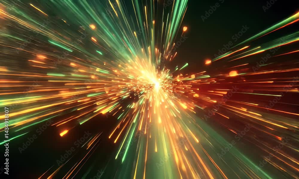 A vibrant explosion of light and energy, creating an intense visual effect in the dark space, with green and red streaks representing fast movement and bright A vibrant explosion of light and energy, creating an intense visual effect in the dark space, with green and red streaks representing fast movement and bright