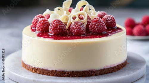A beautifully decorated cheesecake with fresh raspberries and white chocolate curls.