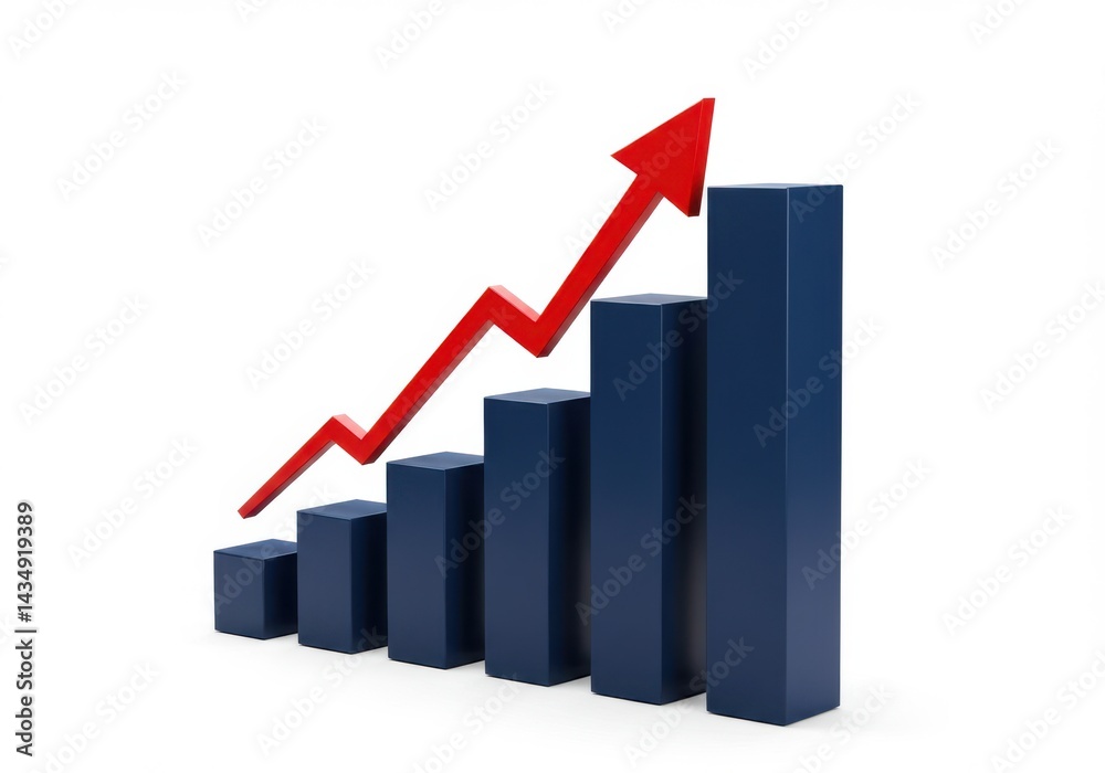 A rising bar graph with a red arrow showing upward progression isolated on white background A rising bar graph with a red arrow showing upward progression isolated on white background