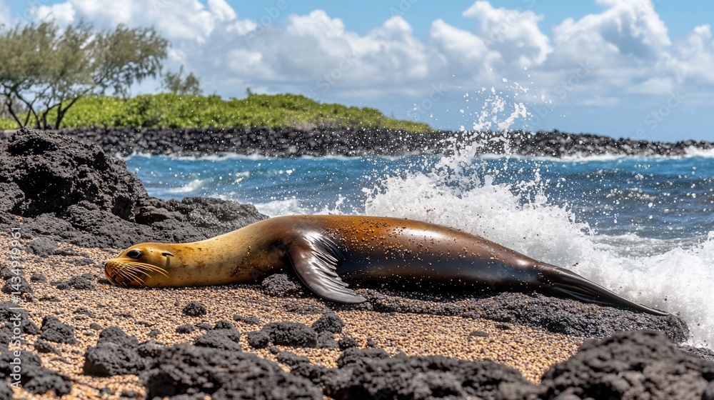 Sea lion resting on volcanic rocks near ocean waves