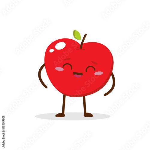 Cute Smiling Red Apple Character Waving – Kawaii Red Fruit Mascot Vector