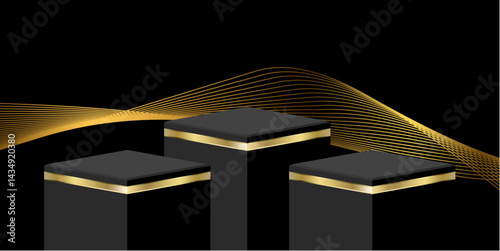 Elegant 3D luxury podium vector featuring dynamic lighting and gold accents. Ideal for premium product displays, branding, and modern promotional visuals.
