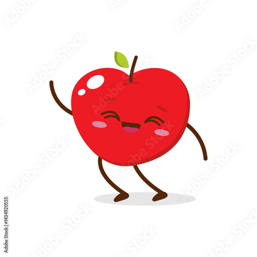 Cute Smiling Red Apple Character Waving – Kawaii Red Fruit Mascot Vector