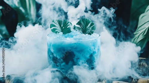 Tropical blue cocktail with leaves & dry ice, surrounded by vapor