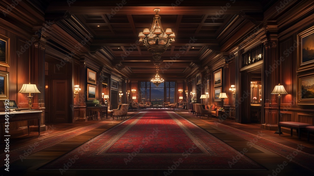 Elegant hallway with rich wood paneling, chandeliers, and artwork. Red carpet leads to lounge