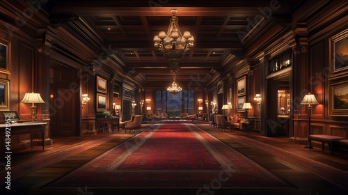 Obraz na płótnie Elegant hallway with rich wood paneling, chandeliers, and artwork. Red carpet leads to lounge w salonie