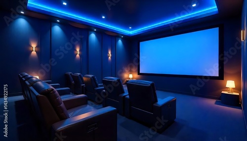 3d home cinema room with blue lights and leather armchairs with table lamps and big movie screen 3d rendering, created with generative ai	