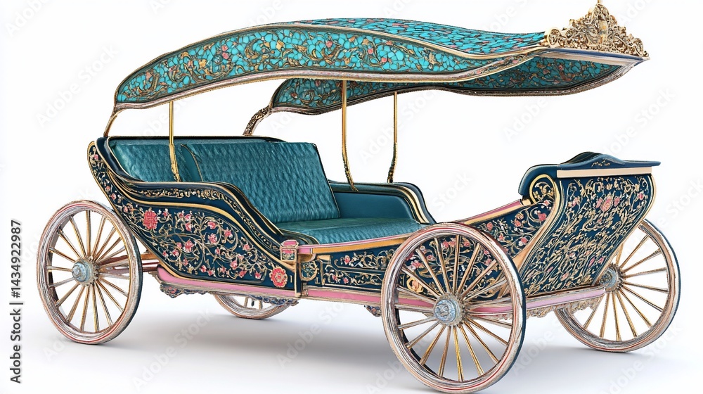 Ornate carriage with teal & gold detailing, floral patterns, curved canopy, & wooden wheels