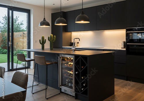A modern kitchen with dark cabinets pendant lights and a wine cooler built into the island counter top