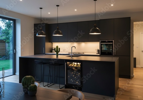 A modern kitchen with black cabinets island and three pendant lights hanging above the counter space