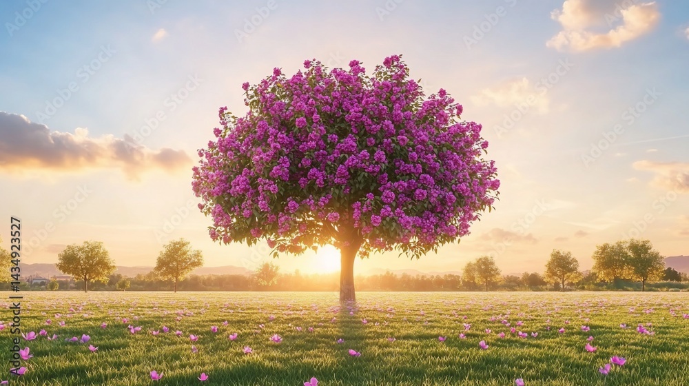 Blooming tree in a vibrant field at sunset. Warm, glowing light and lush greenery