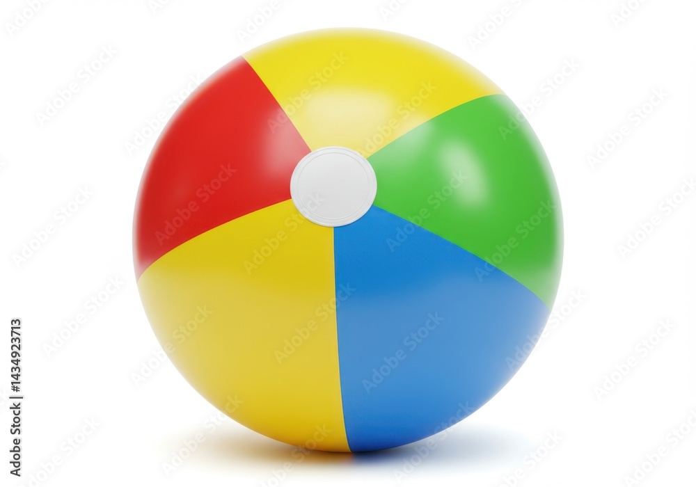 Fototapeta premium A colorful beach ball with red yellow green and blue hues isolated on white background
