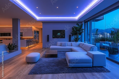 A modern luxury living space featuring ambient lighting and city views