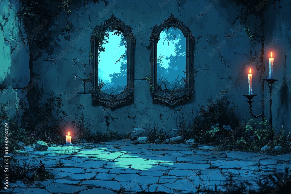 Obraz premium Night scene, ruined building, stone floor, mirrors, candles, overgrown