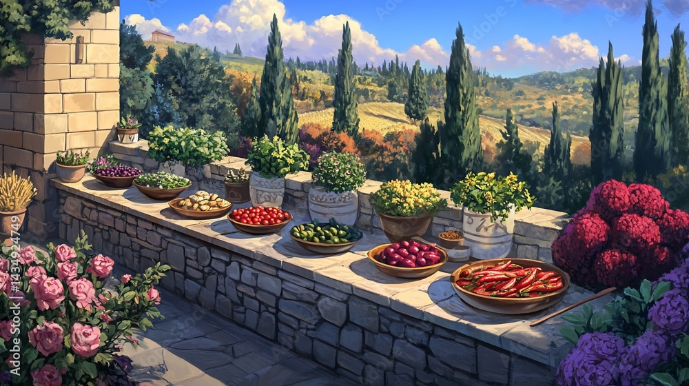 Outdoor herb and vegetable market overlooking a scenic valley. Rows of colorful produce, herbs, and spices in pottery bowls on a stone wall. Gardens full of flowers and plants