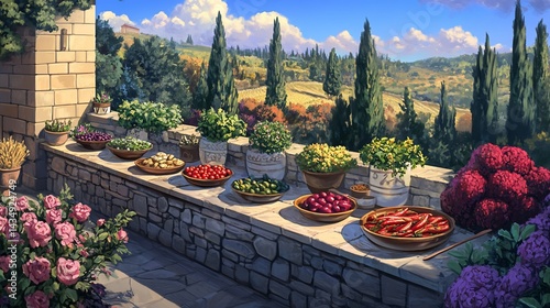 Outdoor herb and vegetable market overlooking a scenic valley.  Rows of colorful produce, herbs, and spices in pottery bowls on a stone wall.  Gardens full of flowers and plants