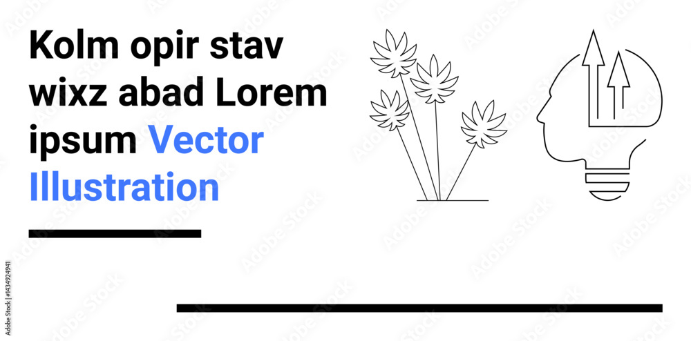 Fototapeta premium Minimalist design of a plant, human head with arrows pointing upward, placeholder text. Ideal for innovation, growth, nature, leadership, wellness, sustainability simple landing page