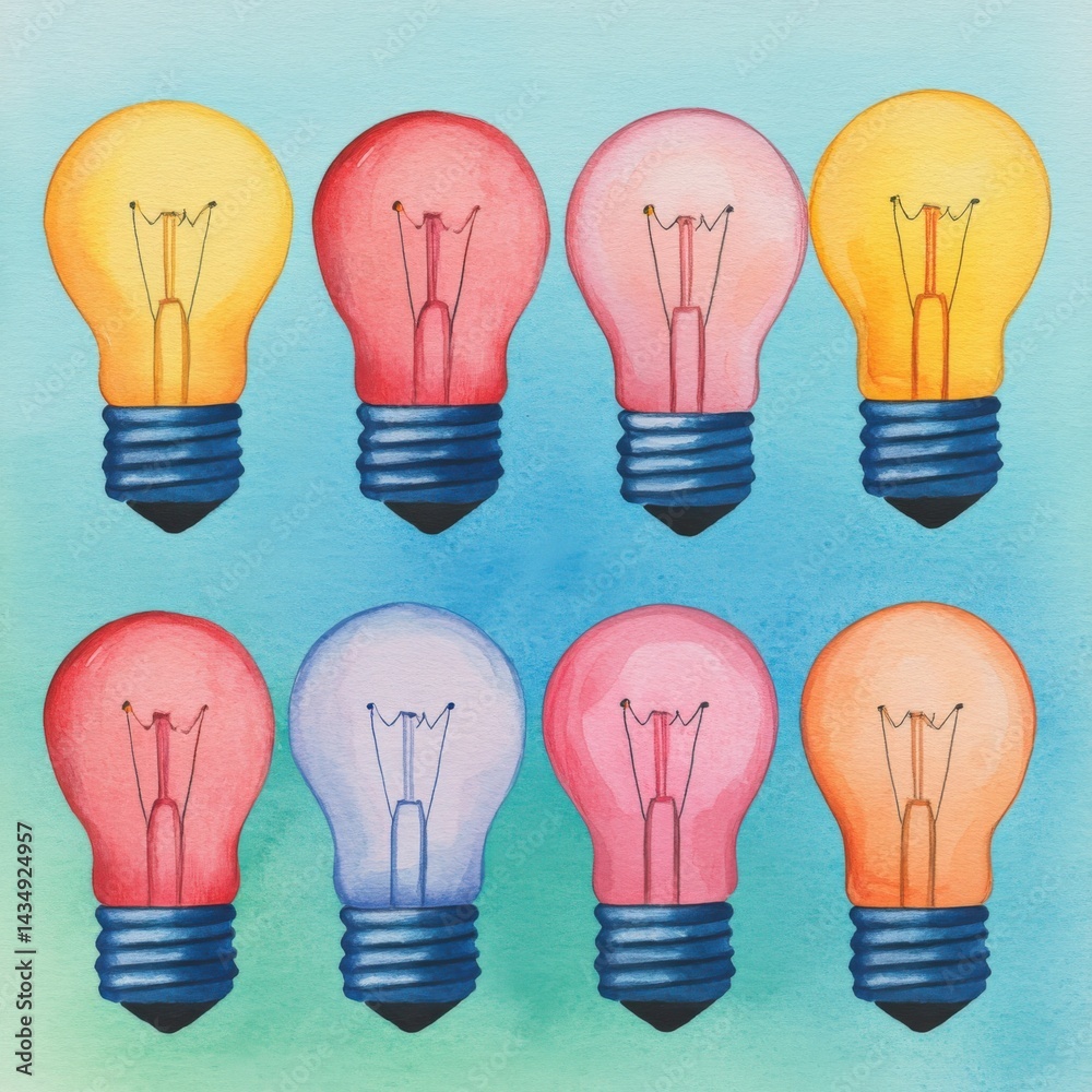 A vibrant illustration featuring colorful light bulbs arranged in a grid, showcasing various hues against a soft, blended background. A vibrant illustration featuring colorful light bulbs arranged in a grid, showcasing various hues against a soft, blended background.