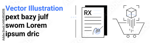 Prescription forms with digital signature, cube representing product in shopping cart. Ideal for healthcare, e-commerce, pharmacy app, digital consent, online shopping, telemedicine, simple landing