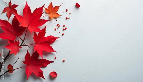 A light gray background with a bunch of red maple leaves scattered around it. Concept of autumn and the beauty of nature, Happy Victoria Day with copy space for text, created with generative ai photo